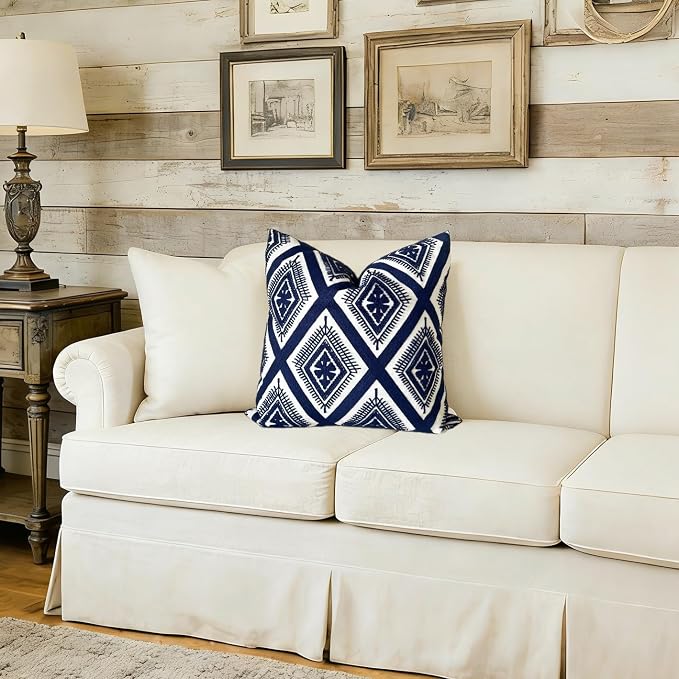 Slow Cow Embroidery Navy Blue Pillow Covers Cushion Covers Invisible Zipper for Living Room 18 x18 Inch