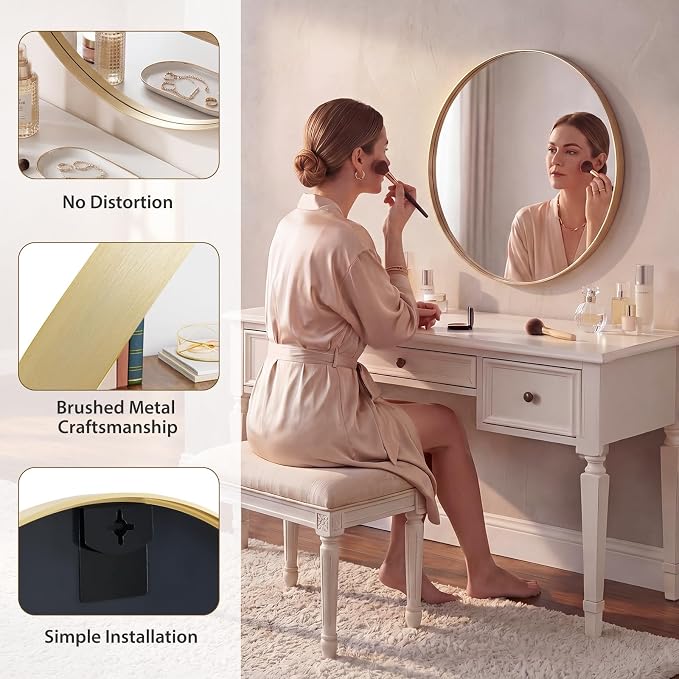 NEWBULIG 24-Inch Round Wall Mirror, Bathroom Wall Circle Mirror | Metal Frame, Bathroom Decor for Entryway, Living Room, Vanity, Gold
