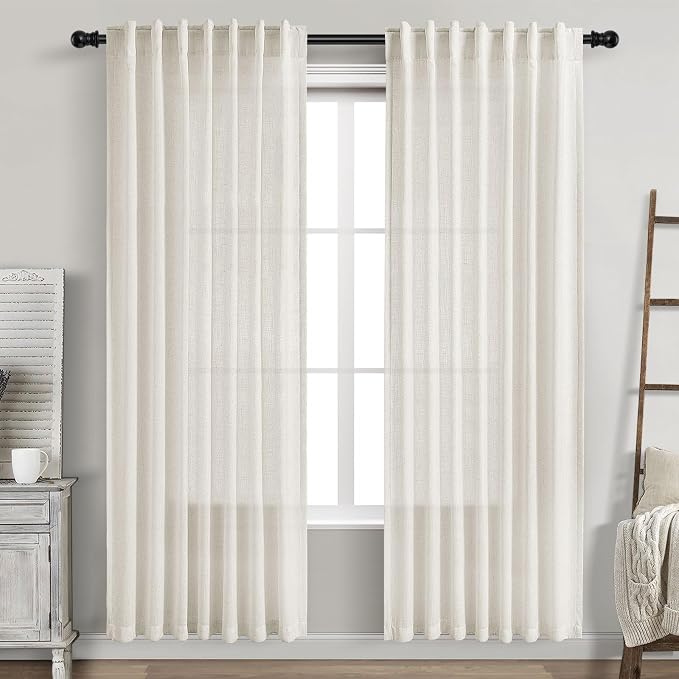 Cream Linen Curtains 83 Inch Length 2 Panels Set for Living Room Back Tab Rod Pocket Semi Sheer Window Curtain Drapes Neutral Rustic Farmhouse Decor Dining Room Curtain 52x83