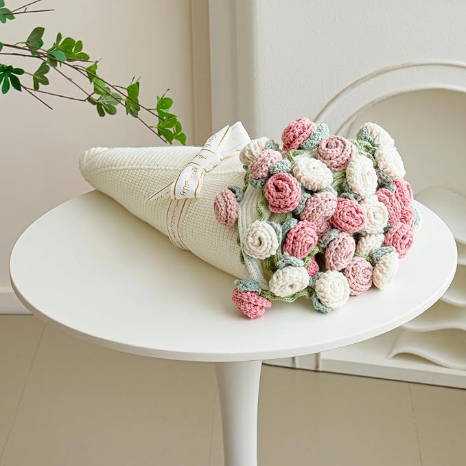 Crochet Flower Bouquet Throw Blanket, Handmade Knitted Blanket with Rose Flowers, Cute Romantic Gift for Her Girlfriend Mom Mother’s Day Valentine Wedding Anniversary Birthday (Without Packaging Bag)