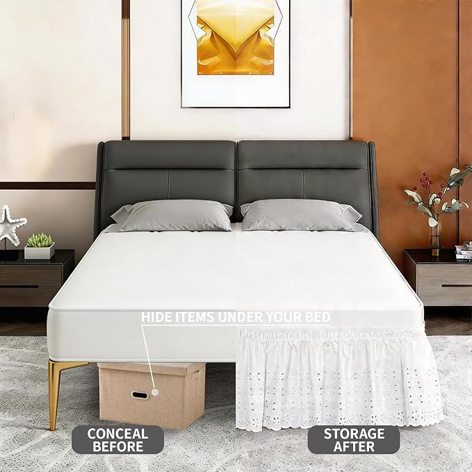 ANARACHON Twin Bed Skirt, Wrap-Around Elastic Ruffled Eyelet Bed Skirt Twin Size Dust Ruffle with Gathered Styling and Embroidered Details, 14" Drop Length (White)