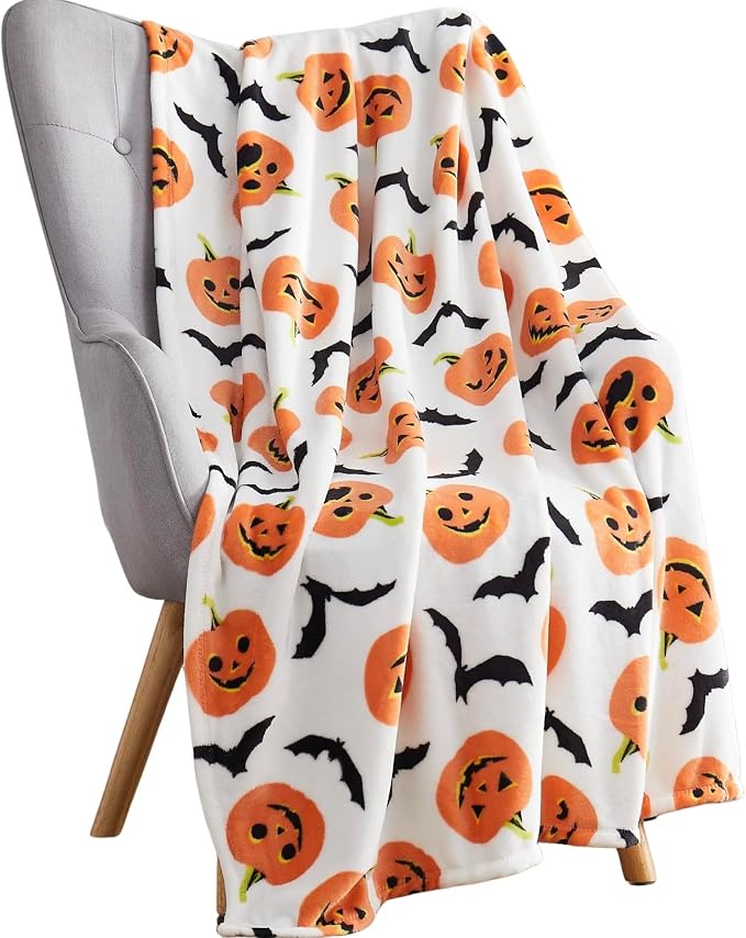 Serafina Home Halloween Fleece Throw Blanket: Happy Jack O'Lantern Pumpkins and Black Bat Design on Soft Velvety Blanket for Sofa Bed Couch Chair Dorm, 50" x 60"