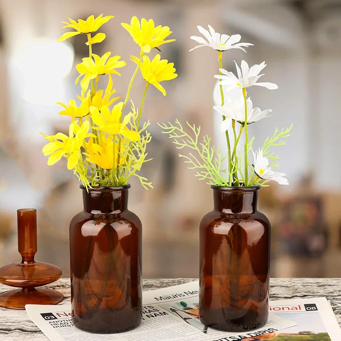 PINIWON Set of 6 Amber Bud Vases, Vintage Small Glass Vases | Medicine Bottles Apothecary Jars with Brush, Flower Vases for Home Decor, Wedding Centerpieces
