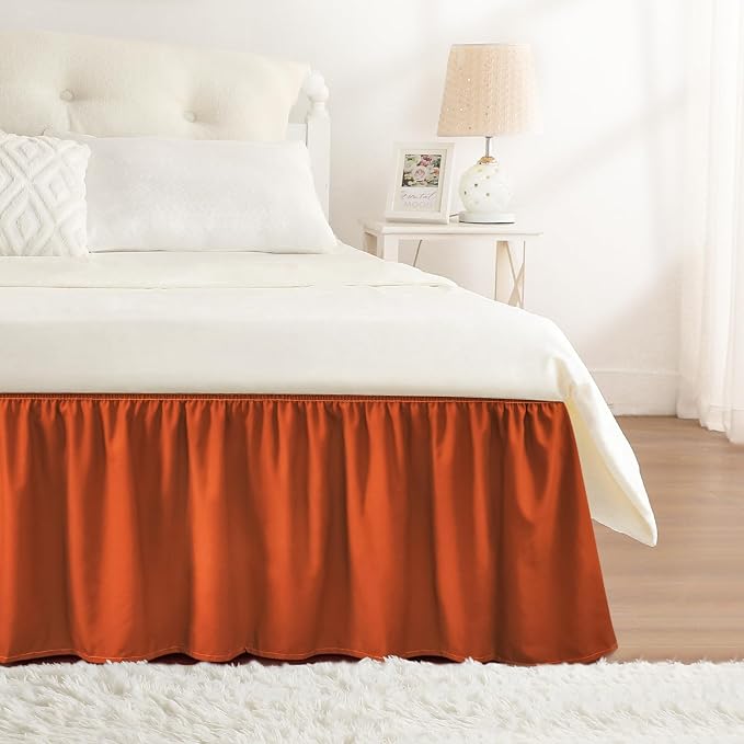Orange Yellow Bed Skirt Queen 15" Drop, Elastic Wrap Around Bedskirt | Solid Ruffled, Easy to Use, No Mattress Lifting, Wrinkle & Fade Resistant, with Adhesive Strips, Machine Wash/Dry/Iron