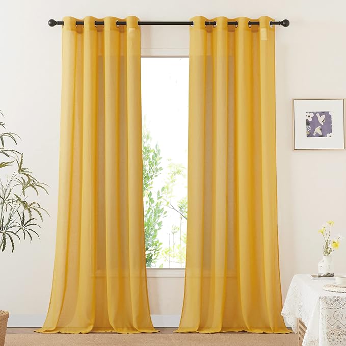 NICETOWN Citrine Linen Curtains 108 inches Long, Grommet Decorative Semi Sheer Gold Curtains Linen Blend Window Drapes Privacy with Light Filtering for Living Room, W52 x L108, 2 Panels