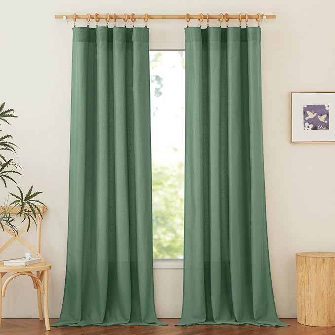 NICETOWN Olive Green Linen Curtains for Living Room, Rod Pocket & Back Tab Linen Blend Privacy Added Light Filtering Not See Through Window Treatments for Bedroom, W55 x L95, 2 Panels