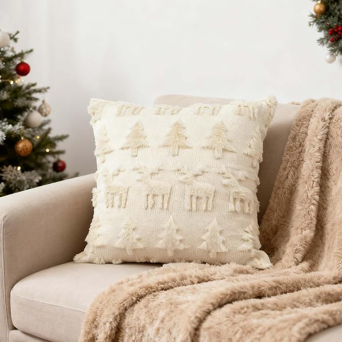 ONFAON Christmas Decorations - Christmas Tree Elk Deer Pillow Cover 18x18 Inches Set of 2, Xmas Soft Plush Short Wool Velvet Decorative Winter Holiday Farmhouse Outdoor Cushion Cases for Sofa Couch