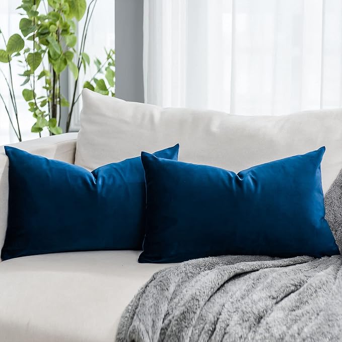 Navy Blue Decorative Lumbar Velvet Throw Pillow Covers 12x20 inch Set of 2 with Zipper Luxury Soft Solid Rectangle Cushion Covers Case for Sofa Couch Bed Living Room