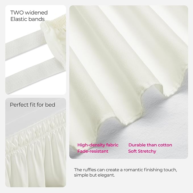 RIMELA Dorm Bed Skirt Twin XL 42 Inch Drop, Easy to Install Extra Long Wrap Around Elastic Dust Ruffle, Cream Bedskirt Silky Fabric Machine Washable (Twin XL 80“L x 39”W & Twin 75“L x 39”W) | Solid ruffled, Wrap-around/elastic, Wrinkle & Fade resistant...