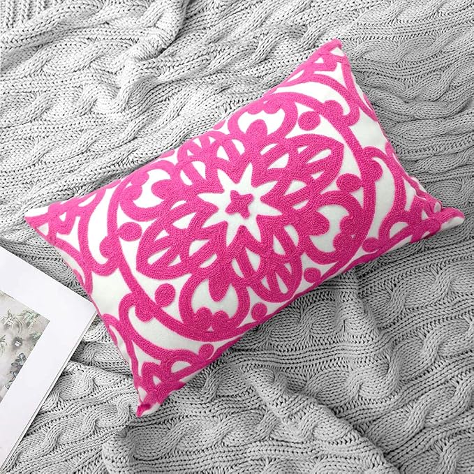 Alysheer Embroidered Lumbar Decorative Throw Pillow Cover 12"x 20", Classic Boho Mandala Embroidery Pattern Cotton Rectangular Cushion Case for Sofa Couch Living Room Bedroom(Bright Hot Pink)