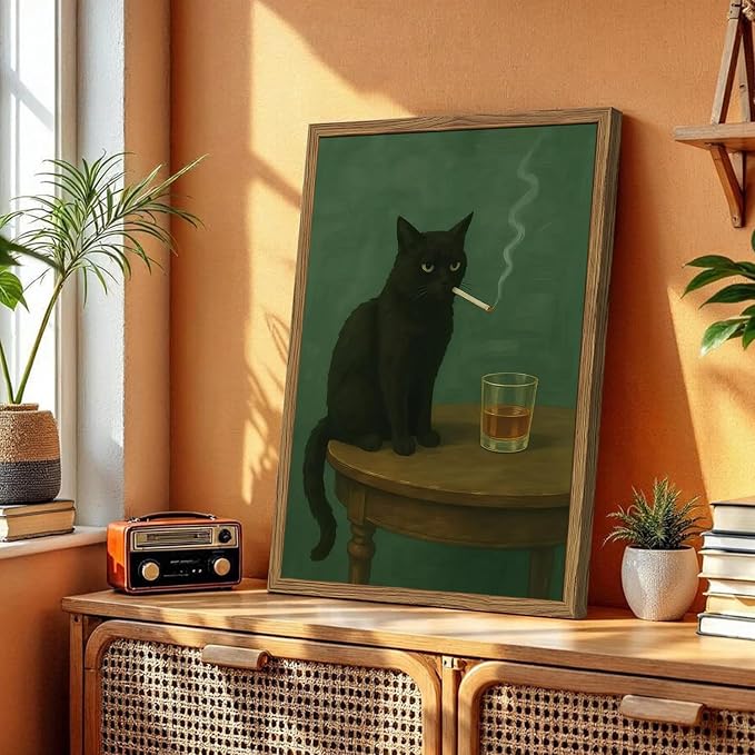 Moody Black Cat Wall Art, Funny Smoking Cat with Whiskey Wall Decor Painting Dark Humor Animal Bar Cart Poster Canvas Prints for Living Room Bedroom 12x16 inch Wood Framed