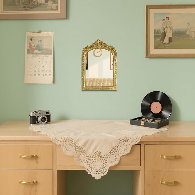 Small Decorative Arched Mirror, Gold Resin Frame, 6.8 x 10 inches, Wall Mounted or Tabletop (Gold, 6.8 X 10 inches)