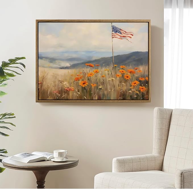 American Flag Framed Canvas Wall Art, 4th of July Patriotic Canvas Prints | Wildflower Meadow Landscape Poster Print, Vintage Rustic Independence Day Wall Decor for Bedroom Living Room 24×32in