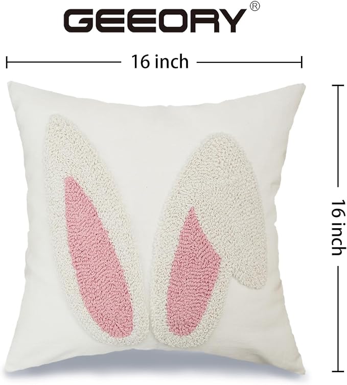 GEEORY Embroidered Easter Bunny Ears Pillow Cover 16x16 Inch, Spring & Easter Decorations Farmhouse Home Decor Throw Pillow Case for Sofa & Bed GX015-1-16
