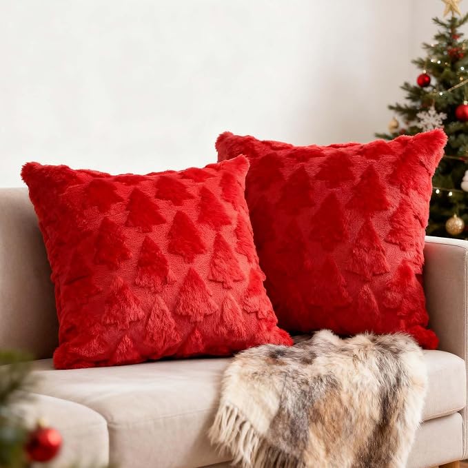 ONFAON Christmas Decorations - Christmas Pillow Covers 18x18 Inch Set of 2 Christmas Tree Decorative Red Soft Plush Faux Fur Throw Pillows Winter Holiday Decor Throw Cushion Case for Home Couch