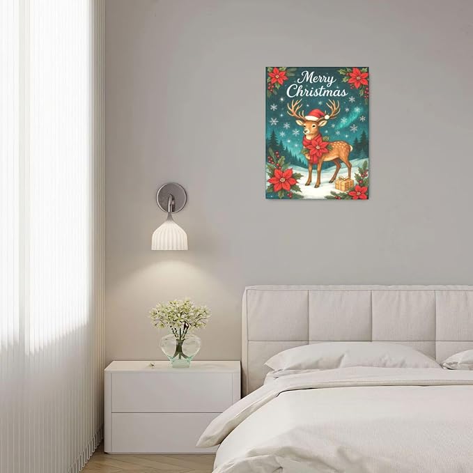 Reindeer Merry Christmas Wall Art Winter Reindeer Deer Poinsettia Canvas Wall Decor Elk Pictures Painting Print Framed Artwork Decorations Gifts for Living Room Bedroom Office 16"x20"