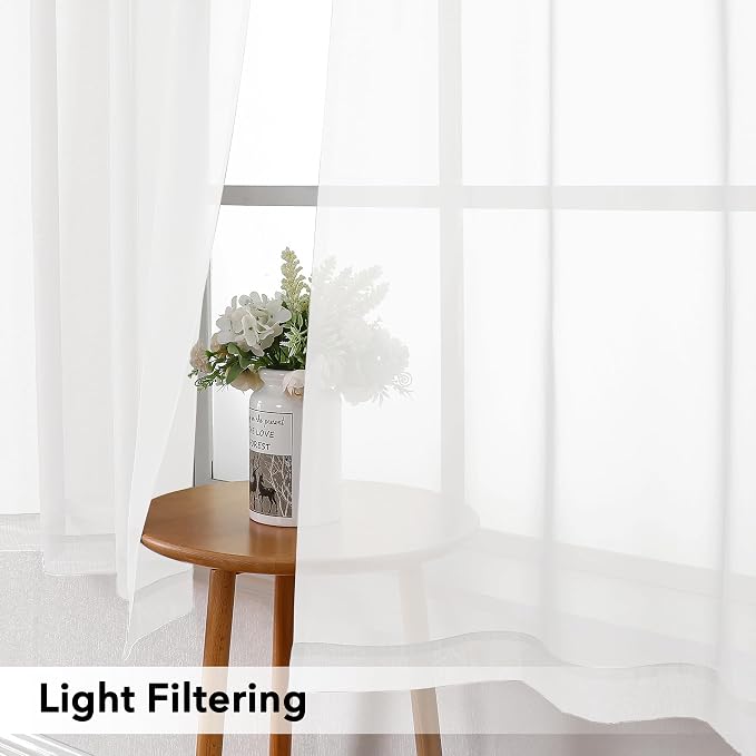 Simplebrand White Short Sheer Kitchen Cafe Curtains 36-42 Inch, Tier Rod Pocket, Half Window, Bathroom, 2 Panels