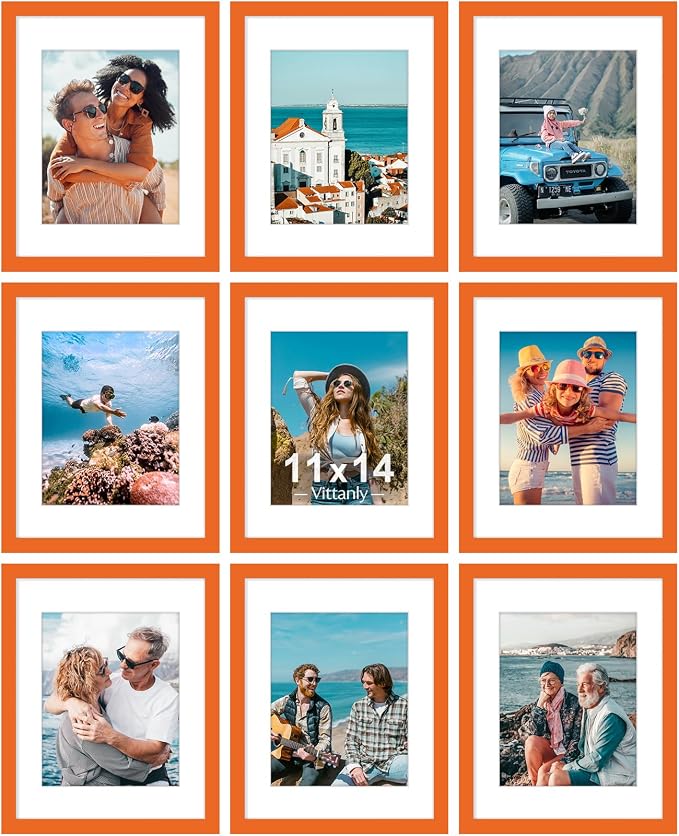 Vittanly 11x14 Picture Frames Set of 9 for Wall Mounting, Orange | Display Pictures 8x10 with Mat or 11x14 without Mat, Engineered Wood with Shatter Resistant Plexiglass, Gallery Photo Frames