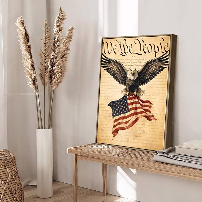 American Flag Framed Canvas Wall Art, 4th of July Patriotic Canvas Prints | USA Flag with Bald Eagle Poster Print, Vintage Independence Day Wall Decor for Bedroom Living Room 16×20in