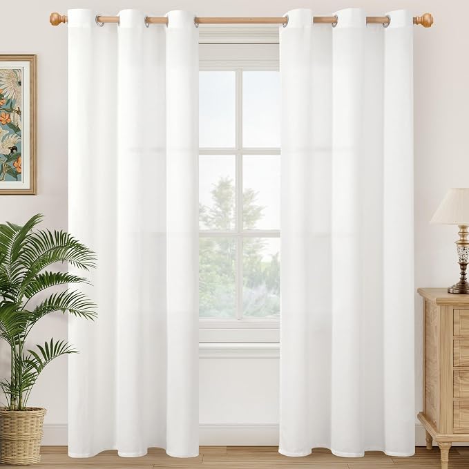 YoungsTex White Linen Curtains 84 Inch Length for Living Room - Textured Semi Sheer Drapes with Grommet Light Filtering for Bedroom Dining Room Lightweight, 2 Panels, 42 X 84 Inch