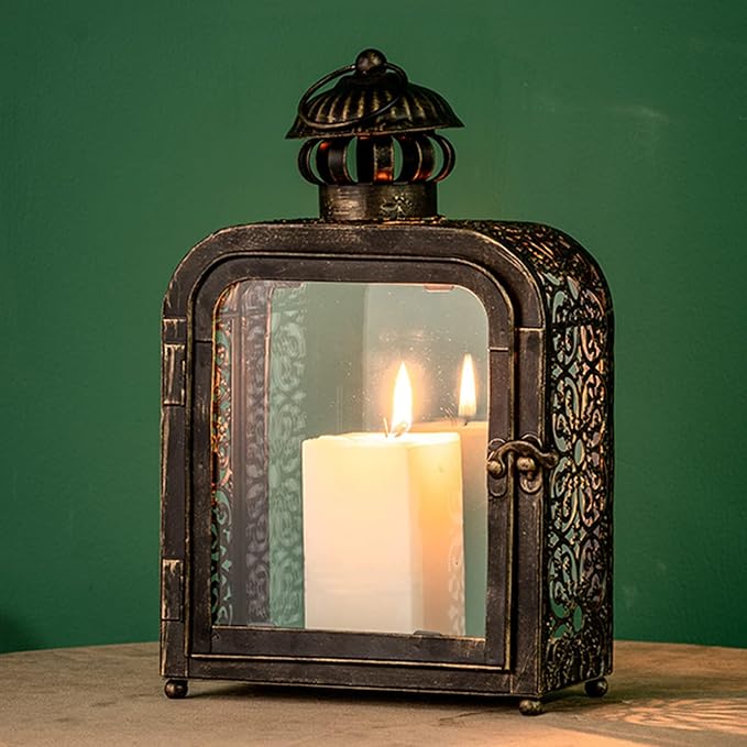 Candle Lantern Decorative Indoor & Outdoor, Vintage Metal Lanterns with Clear Glass, Tabletop&Hanging Candle Holders for Patio Front Porch Home Decor, Christmas Decorations (Bronze)
