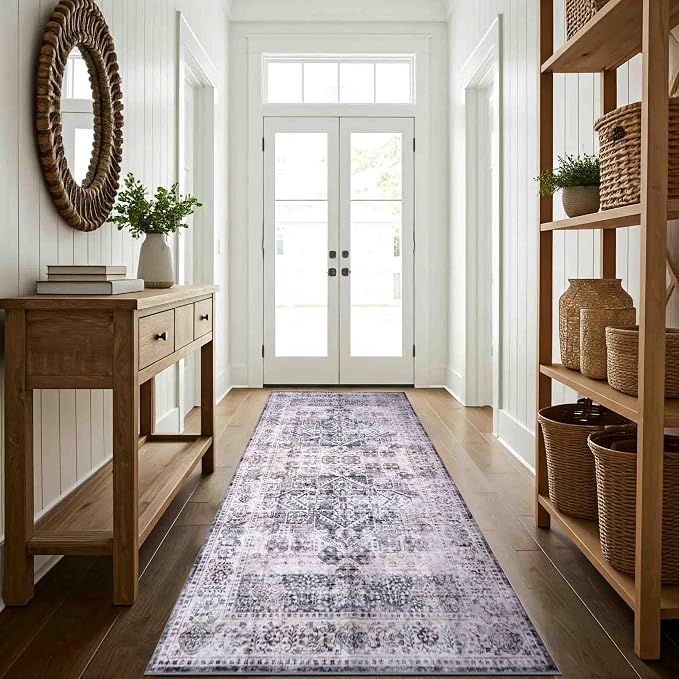 Machine Washable Area Rug, Soft & Durable, Non-Slip, Stain Resistant Rug for Bedroom, Living Room, Dining Room, High Traffic Areas. (Grey/Soft Taupe, 2.5' X 10')