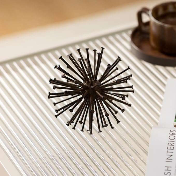 Metal Starburst Sculpture, Spike Tabletop Decorative Sphere, Small Abstract Geometric Urchin Decor Ball, Rusty Iron Table Top Decoration Orb for Home Living Room Bedroom Office Shelf