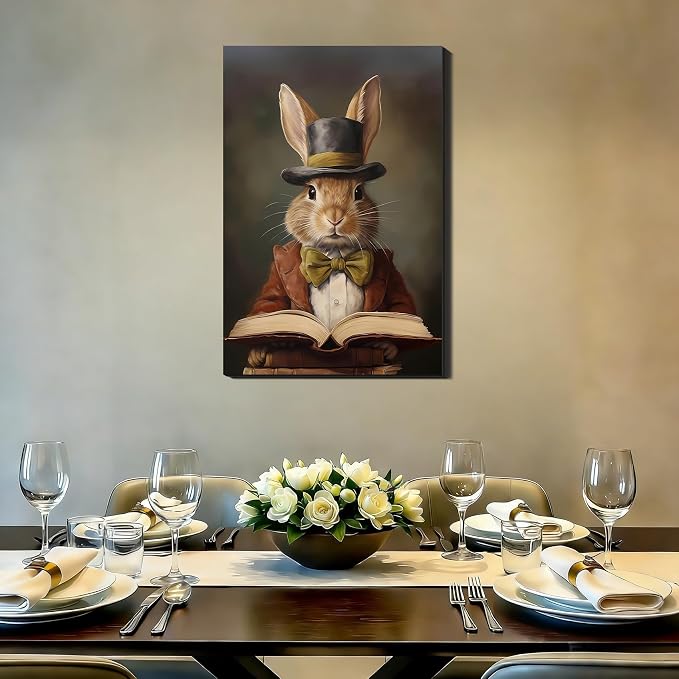 Mr Rabbit Portrait Canvas Prints 8x12, Vintage Artwork and Bunny Paintings Pictures Wall Art,Perfect for Spring Home Office Decor, Easter Bedroom, Living Room Wall Decorations
