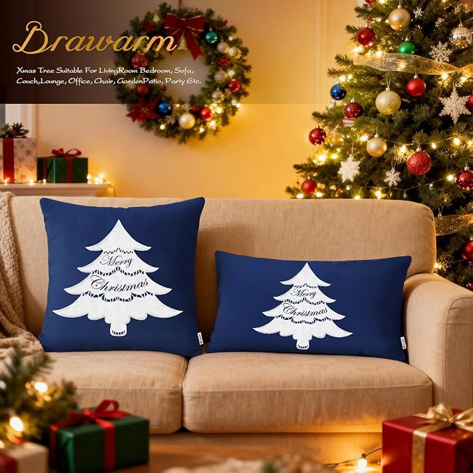 BRAWARM Christmas Pillow Cover 12 X 20 Inches, Navy Blue Christmas Tree Embroidered Lumbar Pillow Cover, Soft Velvet Decorative Throw Pillow for Couch Bed Sofa Living Room Home