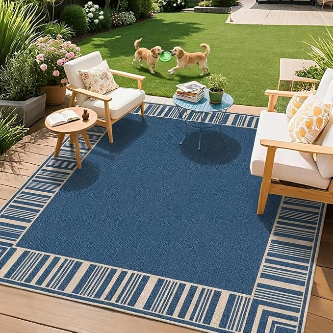 COZYLOOM 8x10 Indoor Outdoor Rugs Machine Washable Area Rugs for Living Room, Non Slip Non Shedding Bordered Easy Jute Rug Stain Resistant Modern Striped Carpet for Bedroom, Patio, Backyard, Blue