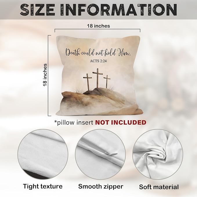 Christian Easter Cross Throw Pillow Covers Gifts 18x18, Religious Bible Verse Decor Pillow Cases for Bedroom Living Room, Death Counld Not Hold Him Decorative Pillowcases for Couch Bed Sofa
