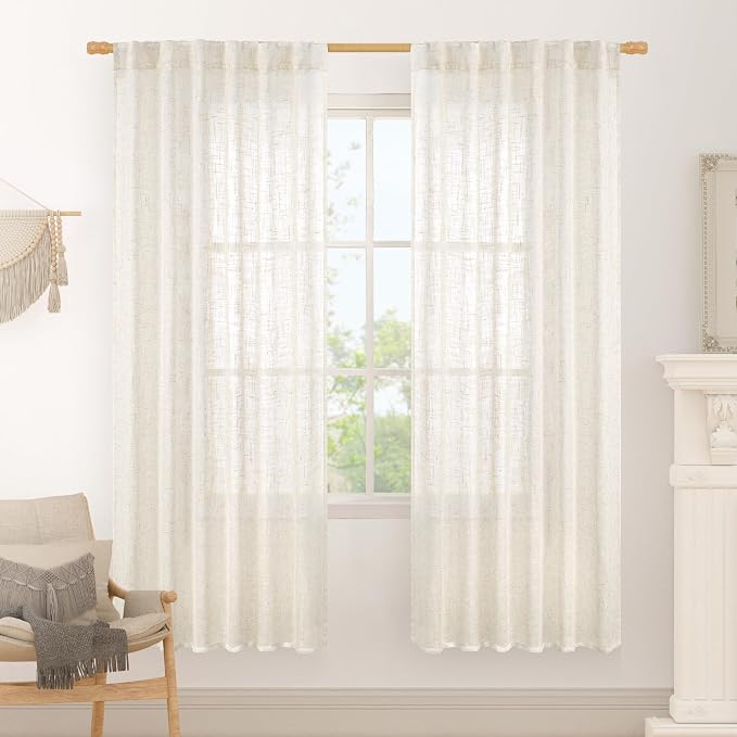 Cream Linen Boho Sheer Curtains 78 inch Length for Bedroom, 2 Panels | Light Filtering, Semi Sheer, Neutral, Curtains for Bedroom, Living Room, Window Treatment, Rod Pocket Back Tab, 52 x 78 Inch