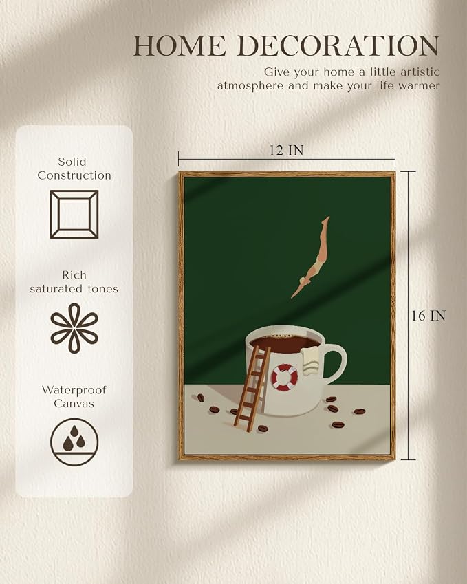Humorous Swimming Diver Jumping into Coffee Cup Illustration Framed Wall Art, Whimsical Kitchen Decor 12x16 Inch Canvas Print, Funny Cafe Dining Room Office Bathroom Modern Artwork