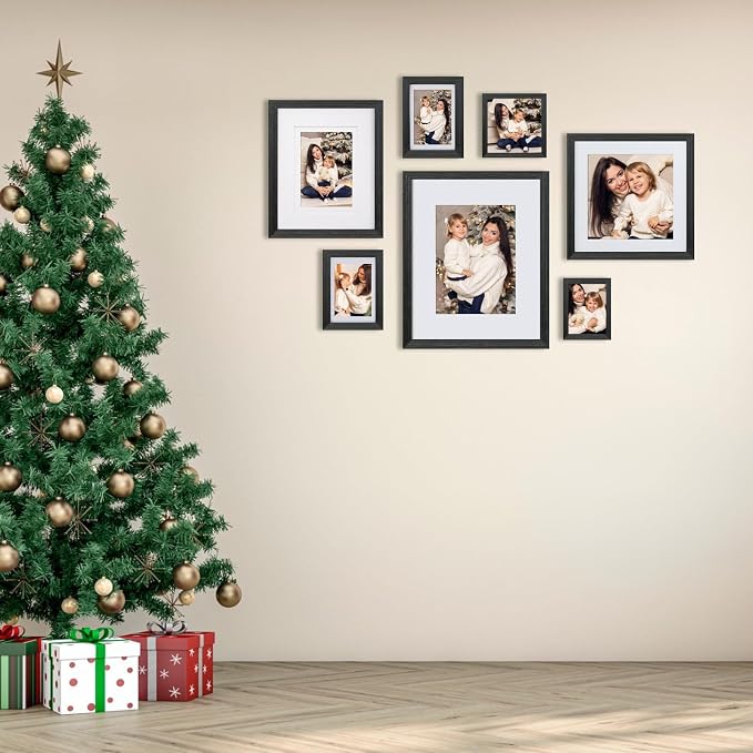 Egofine 4x6 Picture Frames Set of 4, Made of Solid Wood Covered by Plexiglass 3x4.5 and 3.5x5 with Mat or 4x6 without Mat, for Table Top Display and Wall Mounting Photo Frame, Rustic Black