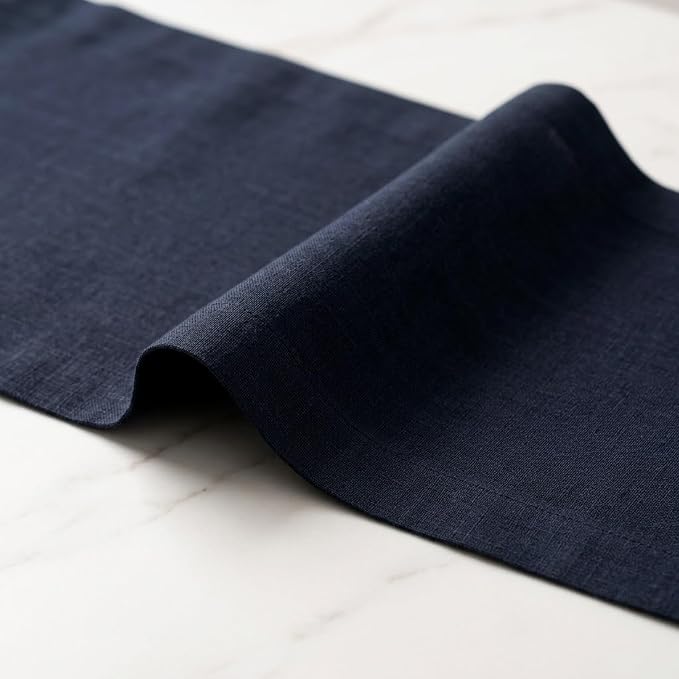 Solino Home 100% Pure Linen Dining Table Runner Navy Woven, Fete 14 x 72 in | brings a tailored look to family meals and hosting, European flax fibres, low iron finish, Navy, soft, OEKO-TEX Certified