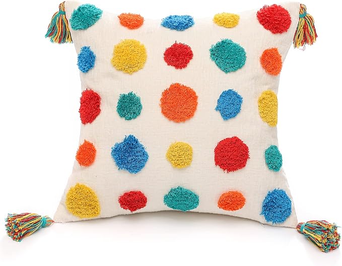 PLWORLD Boho Chenille Throw Pillow Cover 18x18, Tufted Tassel Cushion Case, 1PC Cover Only, No Insert