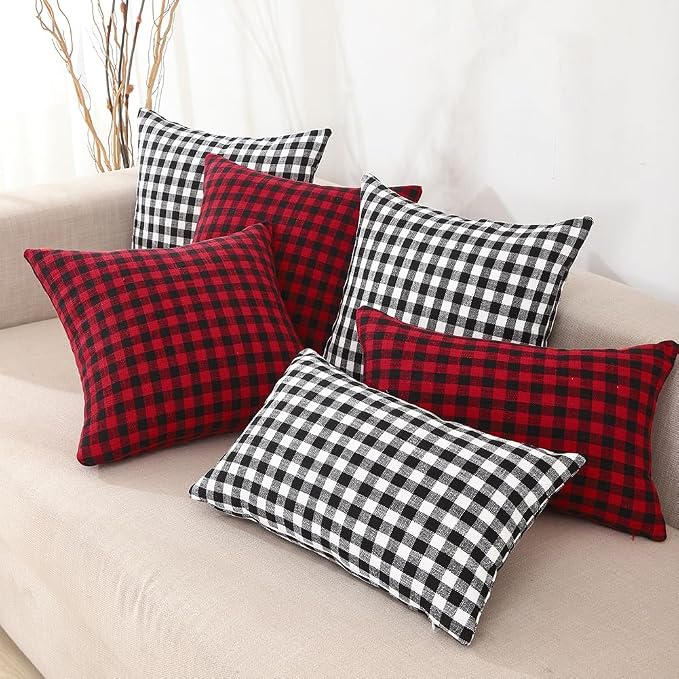 Red and Black Outdoor Christmas Gingham Plaid Pillow Covers 20x20 Set of 2 | Winter Christmas Plaid Decor Pillow Cover 20 x 20, Vintage Farmhouse Red Christmas Decor, Fundas Para Cojines De Sala Navidad