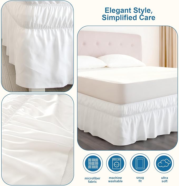 Twin Bed Skirt with Elastic Strap, Wrap Around Dust Ruffle with 16" Drop | Easy to Install on Bed Bases & Frames, Wrinkle-free, Machine Washable, Hotel Quality, White