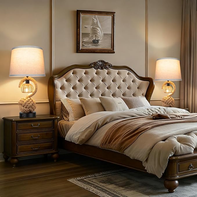 22" Rope Table Lamps for Night Stands, Dual-Lights Bedside Lamps Set of 2