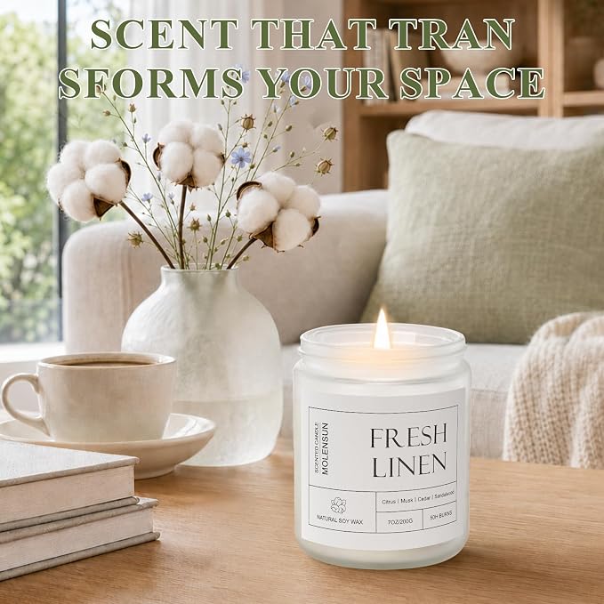 Molensun Fresh Linen Scented Candle, 7 oz Soy Wax Candle
