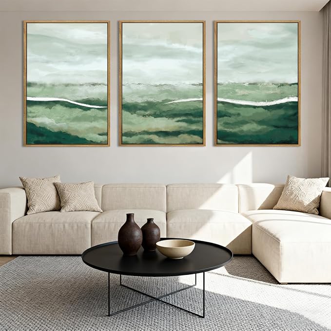 ANHUIB Large Green Abstract Framed Wall Art Set of 3 Sage Green Landscape Canvas Wall Decor 16x24 InchBeige Neutral Watercolor Lake Textured Illustrations Painting for Living Room Bedroom Dining Room