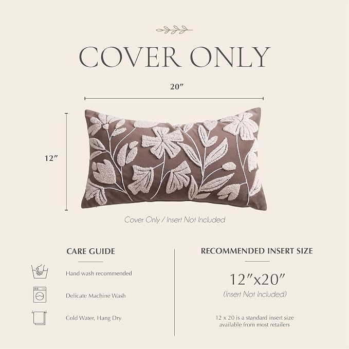 BlissBlush Decorative Lumbar Pillow Cover 12x20 Inch, Taupe Brown Floral Tufted Velvet Accent Pillow Case for Sofa Bed Living Room, Cover Only
