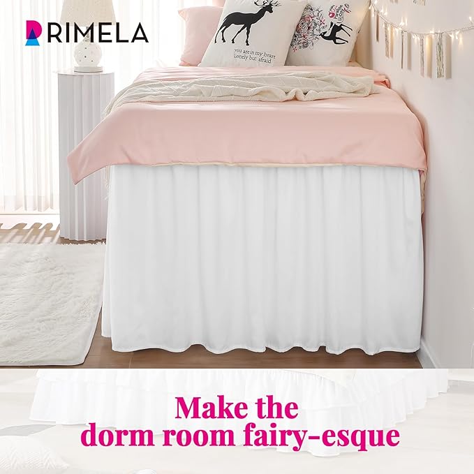Dorm Bed Skirt Twin XL 36" Drop, College Dorm Room Essentials, White | Solid ruffled, Wrap-around/elastic, Wrinkle & Fade resistant, with Adhesive Strips, Gift Packed, Machine Wash/Tumble Dry/Iron