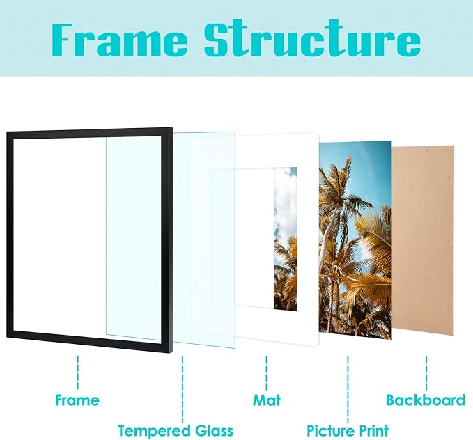 Frametory 16x20 Black Picture Frame with Real Glass Mat for 11x14