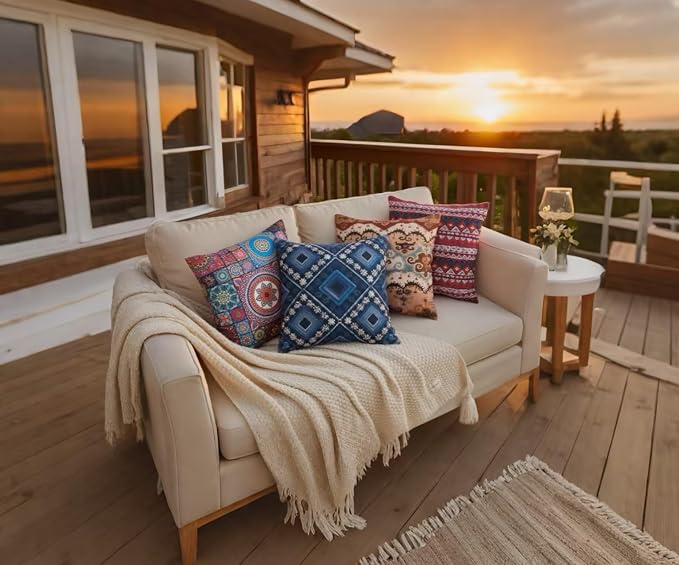 Couch Bohemian Patterned Throw Pillow Covers 18X18 Inch Set of 4 Square Farmhouse Decorative Cushion Covers Boho Vintage Pillow Cases for Sofa Living Room Bedroom Outdoor Patio Porch