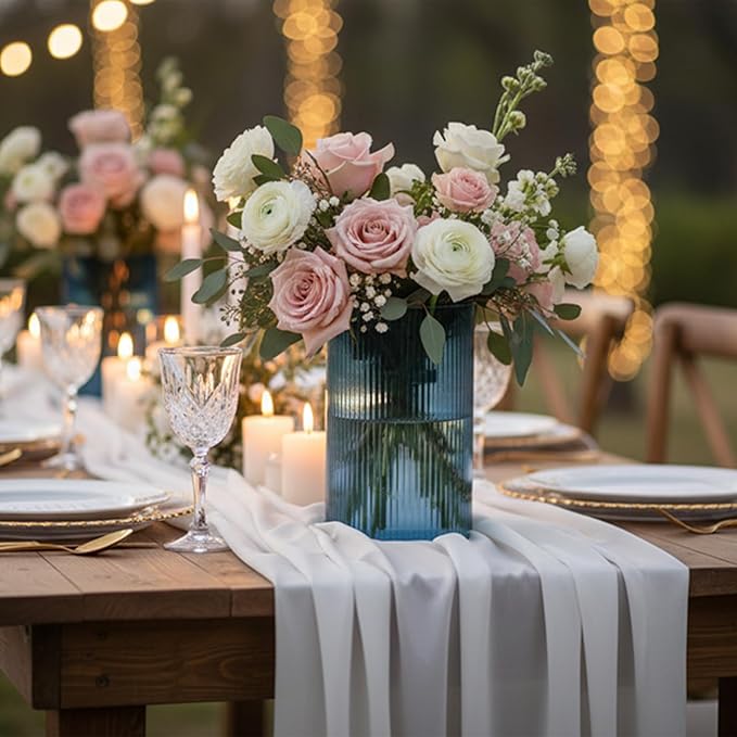 Glass Cylinder Vase 6 Inch Tall- Blue Ribbed Decor for Wedding Centerpieces | Decorative Flower Vase, Hurricane Floating Candle Holder, Christmas Decor, Reception Table, Home Accent, Housewarming Gift