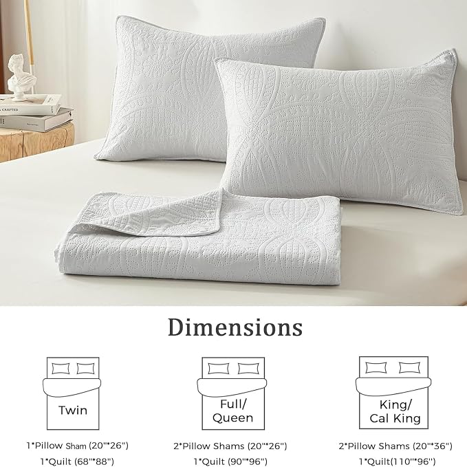 akkialla King Quilt Bedding Set,White Ultrasonic King/Cal King Quilt Set,Lightweight Soft Bedspread Coverlet,Modern Style Coin Pattern Bed Cover for All Seasons,3 Piece(1 Quilt,2 Pillow Shams)