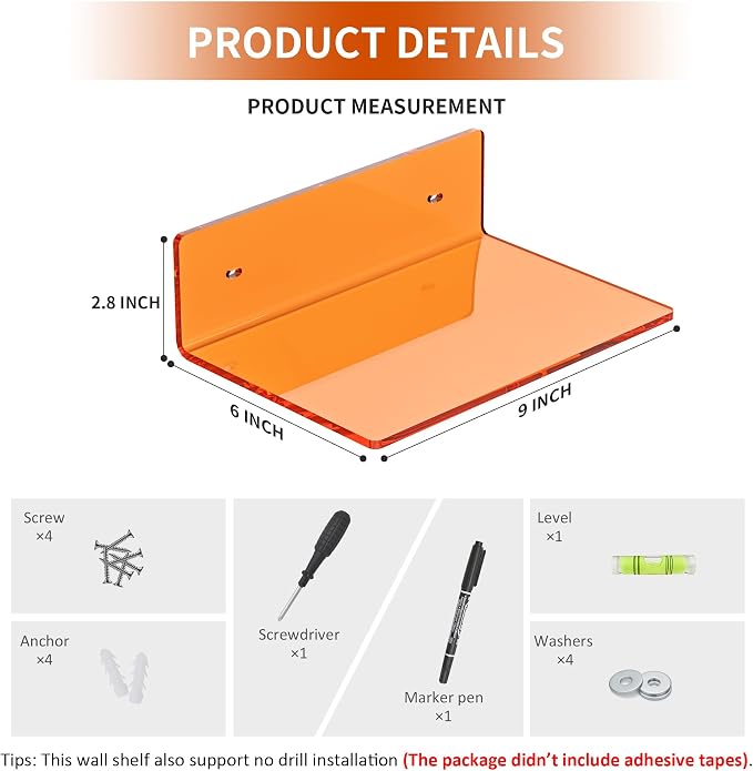 Sezanrpt 9 Inch Orange Wall Shelves, Acrylic Wall Mounting Ledges Display, Acrylic Display Wall Shelf for Funko Pop Figures, Collectibles, Plants, Décor, Toiletries, Spices, 2 Pack