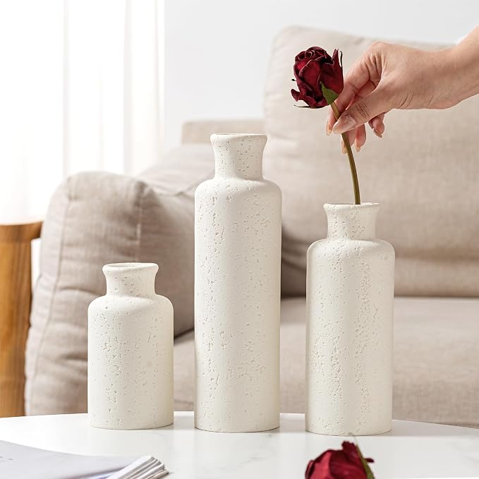 Flower Vase Set, Travertine Stone Look, 3 PCS Bud Vases, White | Small, Farmhouse, for Pampas Grass, Kitchen, Living Room, Bathroom, Bedroom, Office, Shelf Centerpiece Table Decoration