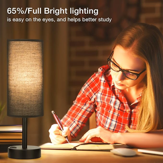 Black Touch Table Lamp for Bedroom - Small Bedside Desk Lamp for Kids